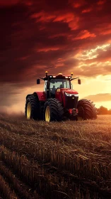 Crimson tractor powering across stubble field at dusk.