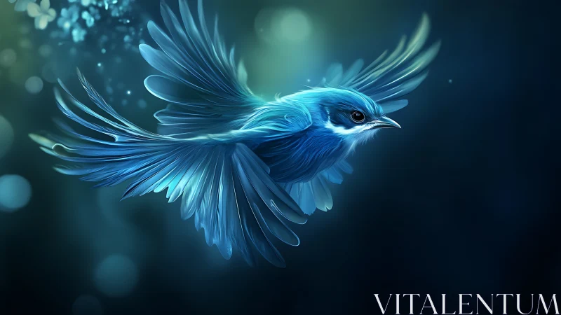 Vibrant blue bird in flight, digital art with glowing highlights.