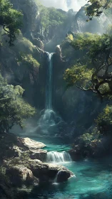 Vertical forest waterfall cascading into turquoise pools.