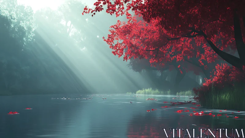 Sunlit river with red forest canopy and drifting leaves.