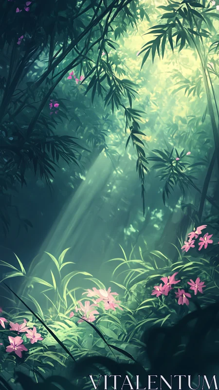 Enchanted Forest Glade with Pink Flowers and Misty Light.