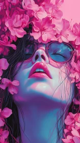 Woman in neon light amid pink blossoms, reflective glasses.
