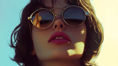 Sunlit close-up portrait with reflective round sunglasses.
