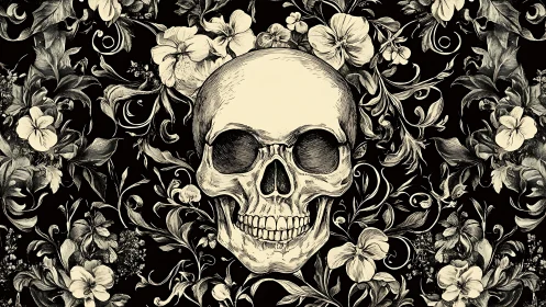Skull entwined with ornate floral vines in monochrome ink.
