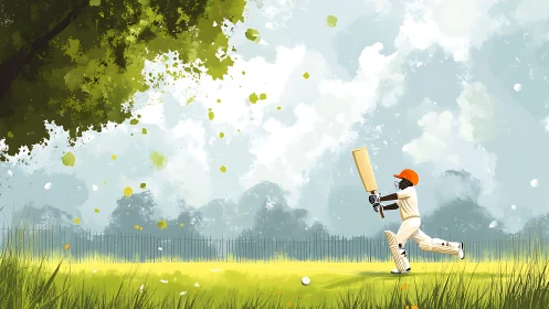 Digital painting of cricket batter in luminous park landscape.