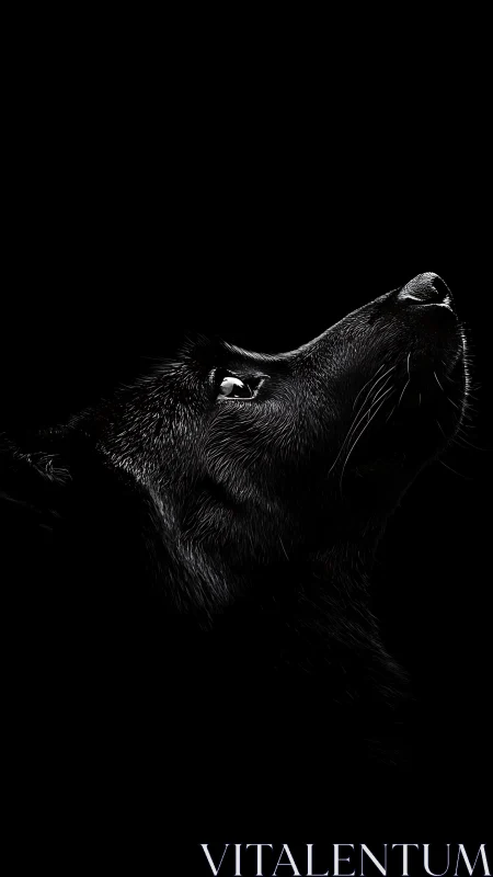 Black wolf profile gazes upward against deep black void