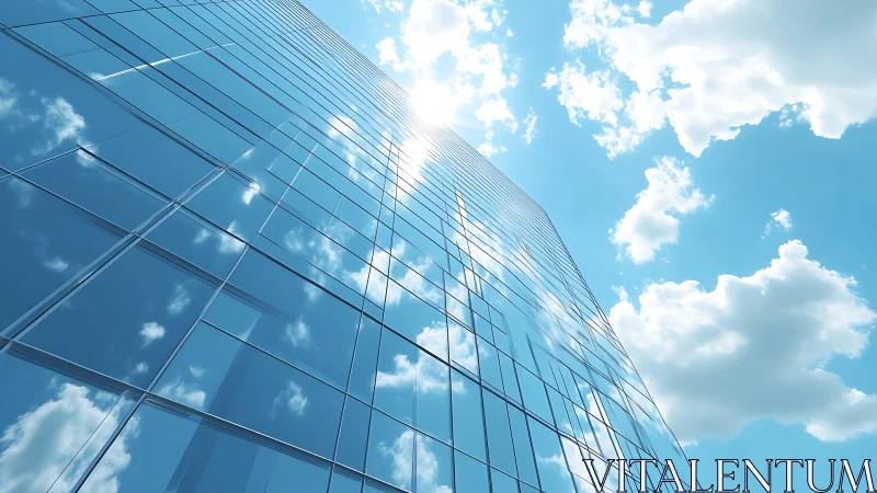 Glass curtain wall skyscraper with reflective cloudscape fa&ccedil;ade.