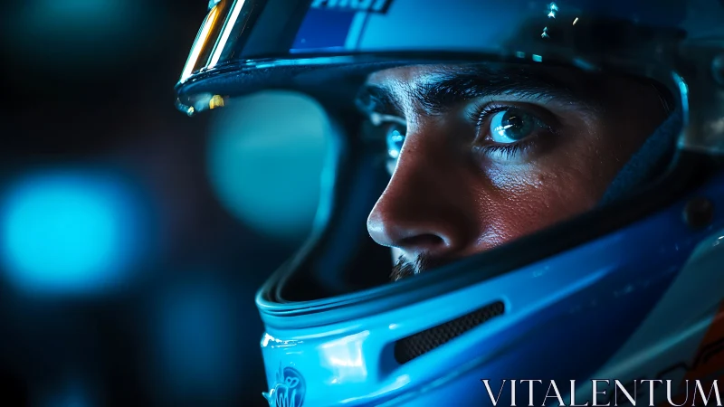 High-contrast close-up portrait isolates focused racing driver gaze