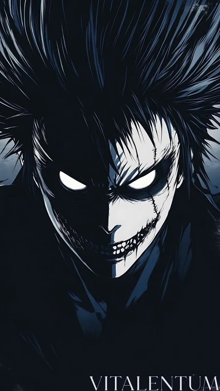 Sinister monochrome anime skull face in deep shadow.