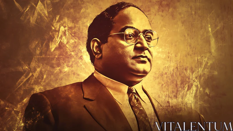 Gold-toned digital portrait of bespectacled suited figure.