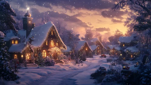 Cozy winter village glowing with gentle holiday warmth.