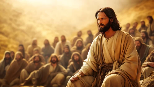 Sunlit teacher among desert listeners in contemplative hush.