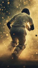 Duststorm batsman charging through golden cricket twilight.