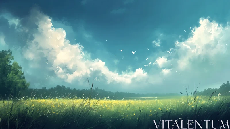 Wide grassy field lies under towering cumulus clouds and sky