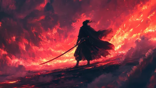 Lone samurai confronts a blazing inferno beneath burning skies.