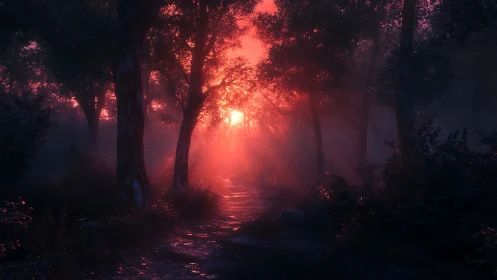 Forest path under dense red backlit atmospheric light.