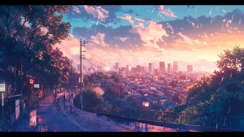 Urban hillside street overlooking city at sunset rain scene.