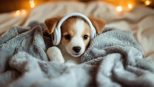 Small dog wearing headphones lies on textured blanket