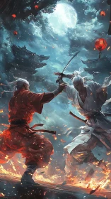 Moonlit duel between warriors amid fire and falling embers.