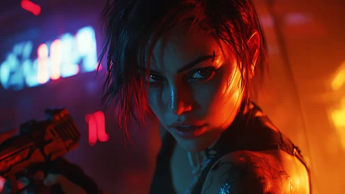 Neon-lit cyberpunk warrior poised in glowing crossfire.