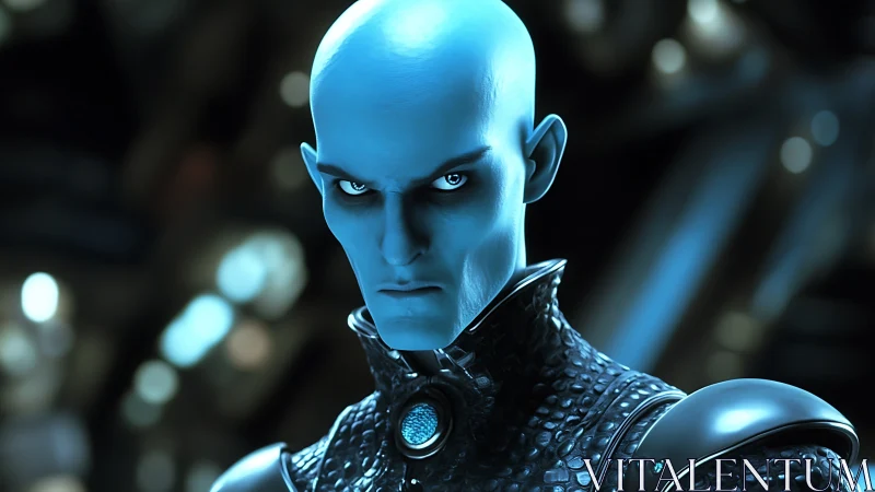 Intense blue alien commander glares within a dark starship