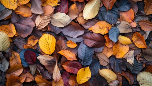 Colorful autumn leaves create a richly layered forest carpet.