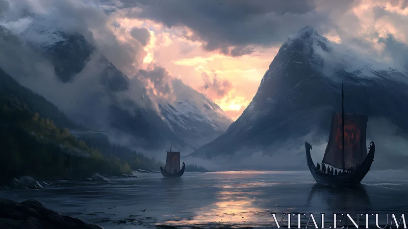 Viking longships crossing misty fjord at stormy sunrise.