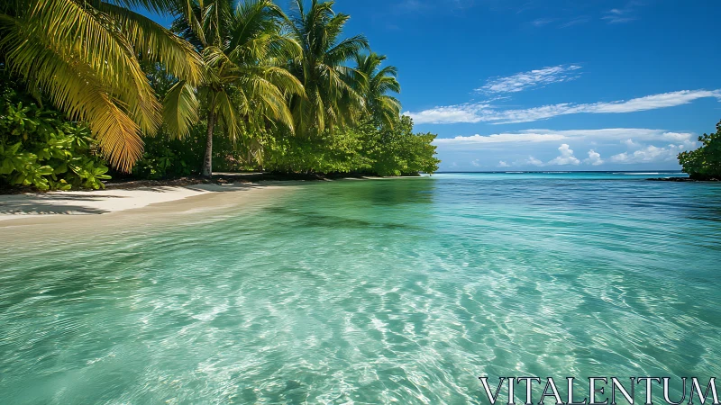 Tropical Beach Paradise with Crystal Waters and Palm Fronds