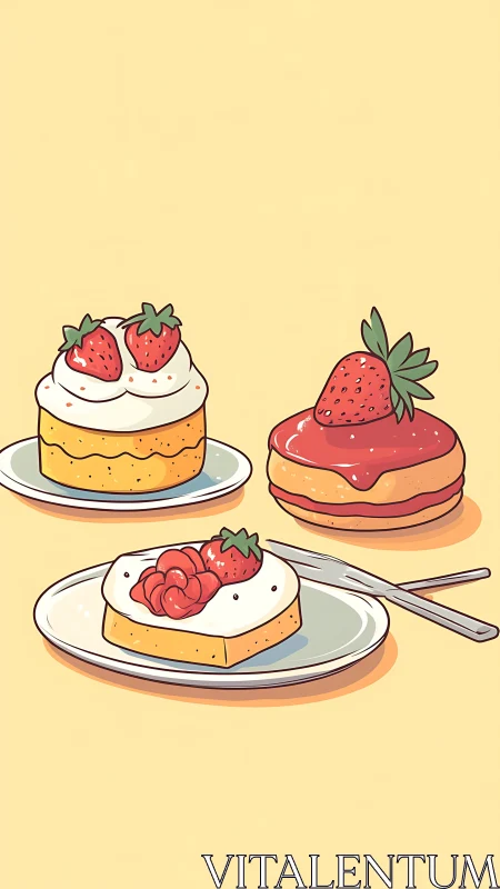 Strawberry pastries sit on plates in a bright, playful scene