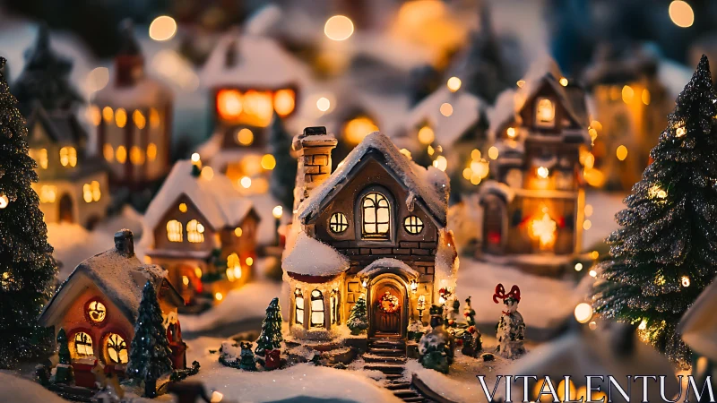 Illuminated miniature winter village with snow-covered houses.