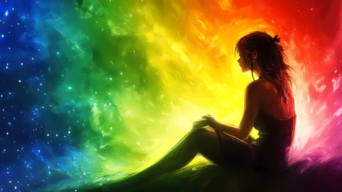 Solitary dreamer adrift in a swirling rainbow cosmos.