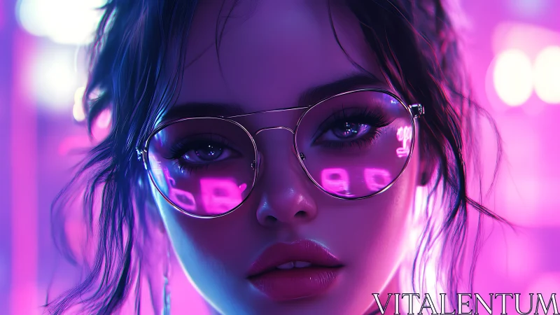 Neon lit girl with dreamy gaze in glowing city night.
