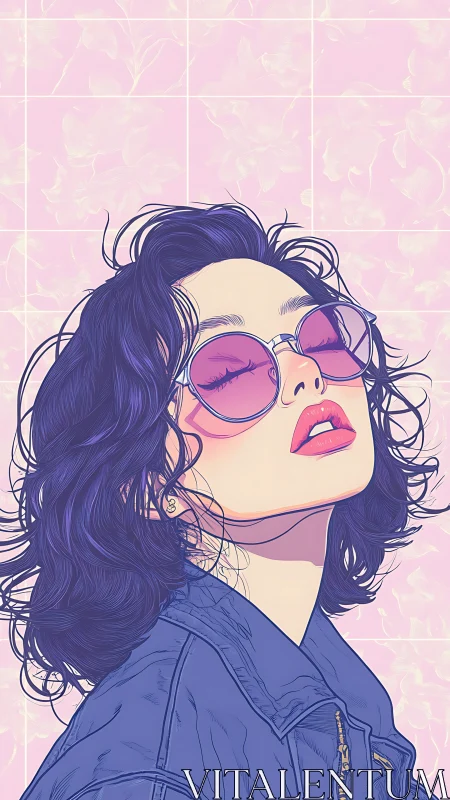 Woman in pink sunglasses tilts head back against pastel backdrop