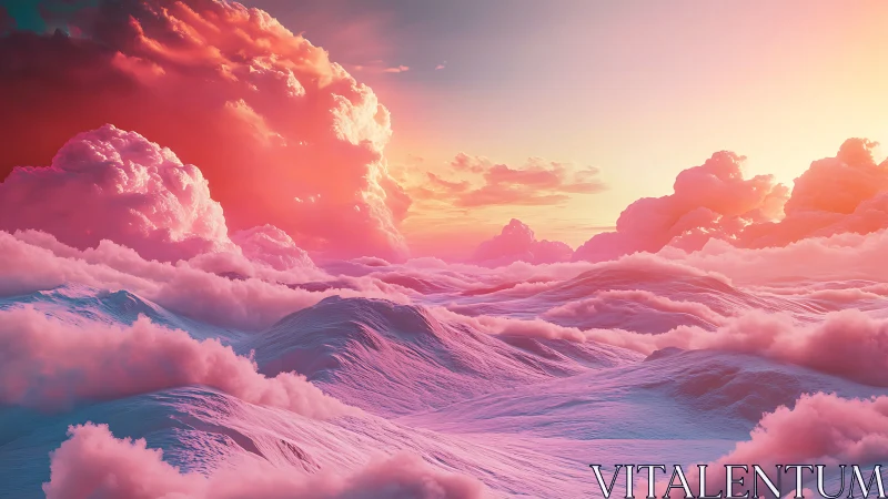 Surreal sunset cloud ocean over pastel rolling waves.