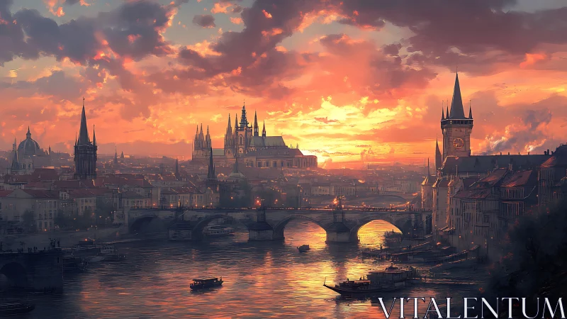 Sunlit gothic river city under dramatic burning sky.