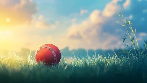 Red cricket ball on grass under low sun and soft clouds.