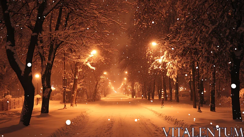 Snowy city park avenue under warm orange streetlights.