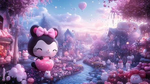 Cotton candy village of dreamy kittens and floating balloons.