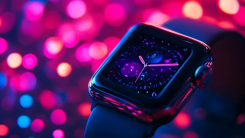 Neon galaxy smartwatch ticking through candy-colored night.