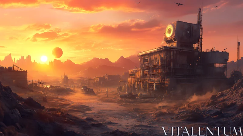 Rusted desert outpost glows beneath a blazing alien sunset.