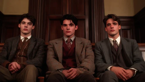 Three young men seated in wooden paneled interior setting.