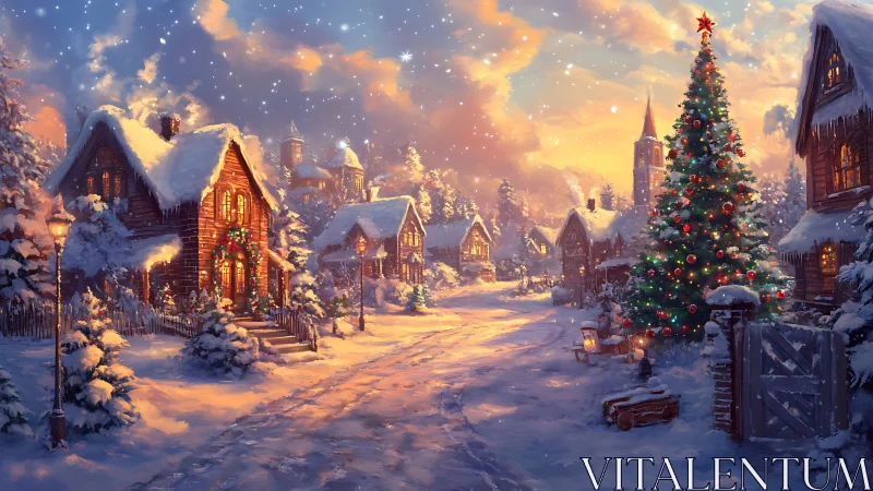 Snow-covered village street glows under warm festive twilight