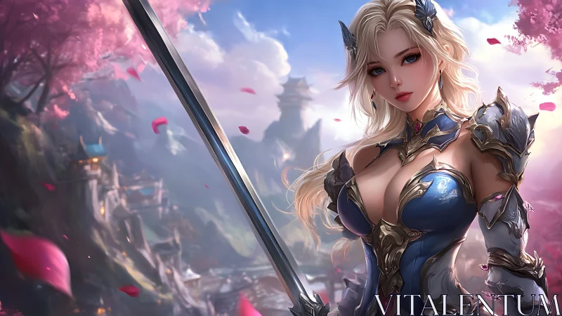 Armored blonde swordswoman amid ethereal sakura cliffs.
