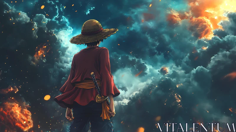 Digital painting of lone adventurer against storm-lit skyscape.