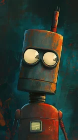 Weathered cylindrical robot portrait with rusted orange chassis