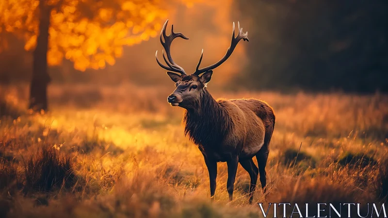 Quiet autumn sunrise with a proud stag in golden light.