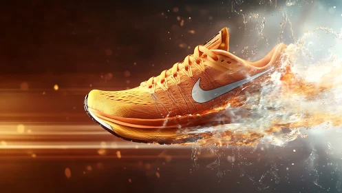 Fiery orange running shoe racing through light and water.