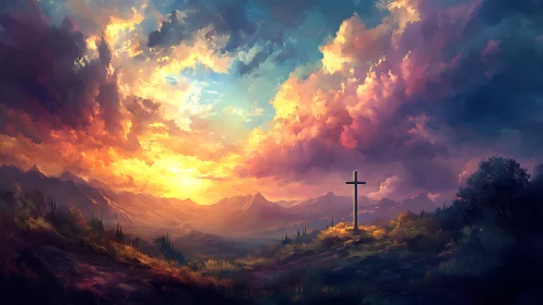 Radiant mountain sunrise embracing a quiet hillside cross.