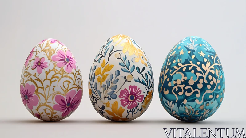Floral trinity of jewel-toned ornamental eggs in bloom.