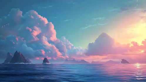 Sunlit cumulonimbus over tranquil oceanic islets at dusk